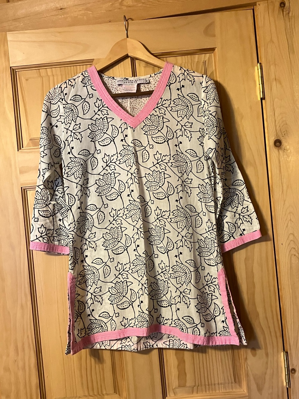 Gretchen Scott Designs Black & White Paisley Tunic with Pink Trim